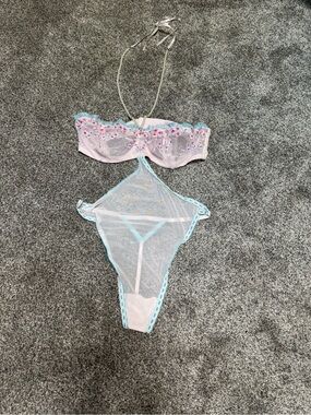 Victoria's Secret Pink & Aqua Sheer Lace Teddy